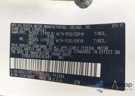 2017 Toyota Sienna Xle 7 Passenger z USA, uszkodzony, nr VIN 5TDDZ3DC8HS162481